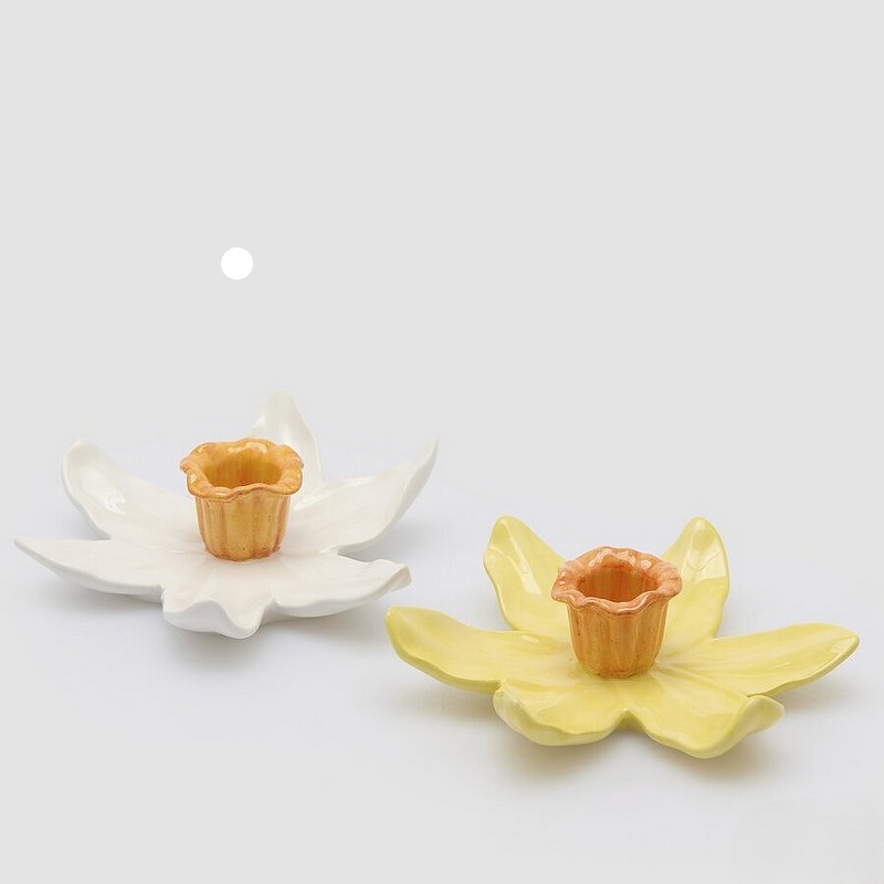 Portacandele a forma di fiore narciso bianco in ceramica, ideale come decorazione primaverile